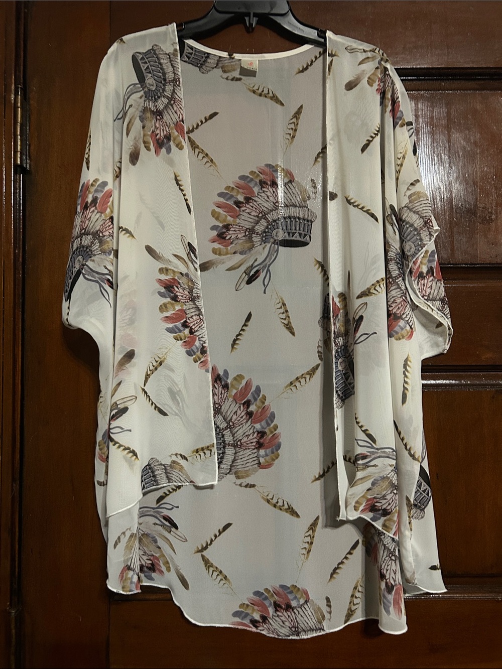 Sheer Cream Feather-Print Kimono Wrap